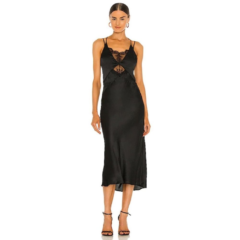 Weekend Stories Black Satin Lace-Trim Slip Midi Dress